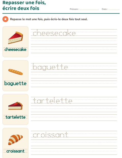 Aperçu de la fiche Écriture des mots avec Boulangerie pour École maternelle (grande section, 5-7 ans)