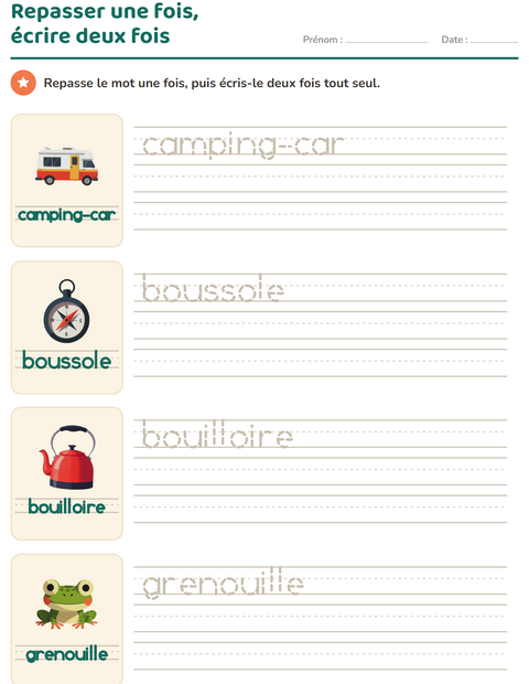 Aperçu de la fiche Écriture des mots avec Camping pour École maternelle (grande section, 5-7 ans)