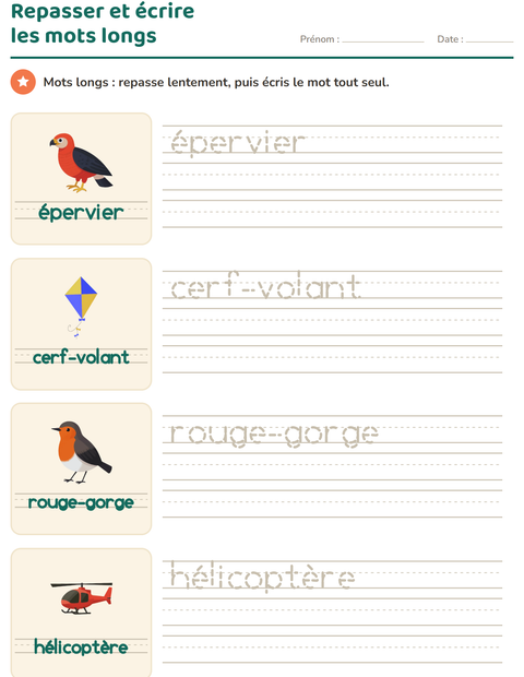 Aperçu de la fiche Écriture des mots avec Choses qui volent pour École maternelle (grande section, 5-7 ans)