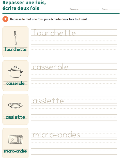 Aperçu de la fiche Écriture des mots avec Cuisine NB pour École maternelle (grande section, 5-7 ans)
