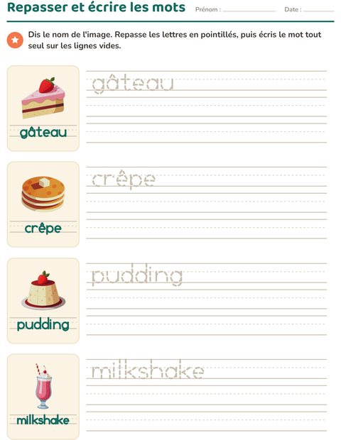 Aperçu de la fiche Écriture des mots avec Desserts et sucreries pour École maternelle (grande section, 5-7 ans)
