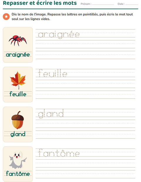 Aperçu de la fiche Écriture des mots avec Divers pour École maternelle (grande section, 5-7 ans)