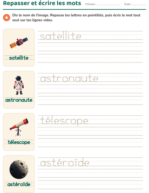 Aperçu de la fiche Écriture des mots avec Espace pour École maternelle (grande section, 5-7 ans)