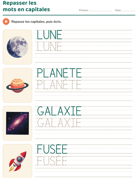 Aperçu de la fiche Écriture des mots avec Espace pour École maternelle (grande section, 5-7 ans)