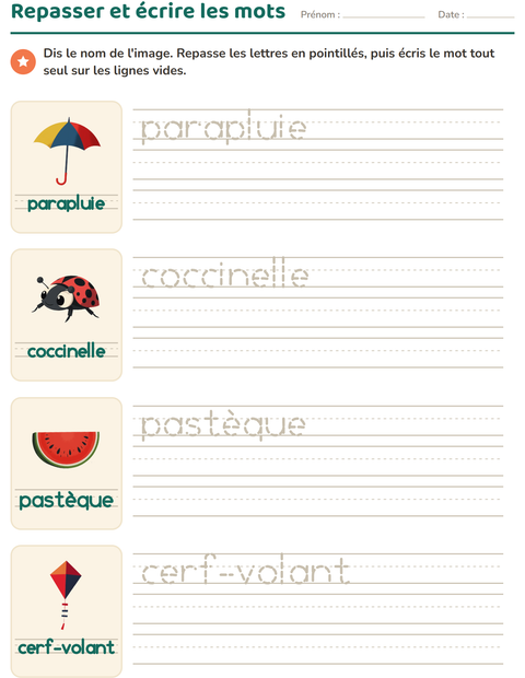 Aperçu de la fiche Écriture des mots avec Été pour École maternelle (grande section, 5-7 ans)
