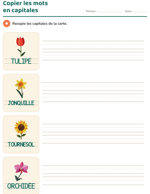 Aperçu de la fiche Écriture des mots avec Fleurs pour École maternelle (grande section, 5-7 ans)
