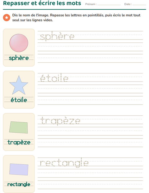 Aperçu de la fiche Écriture des mots avec Formes pour École maternelle (grande section, 5-7 ans)