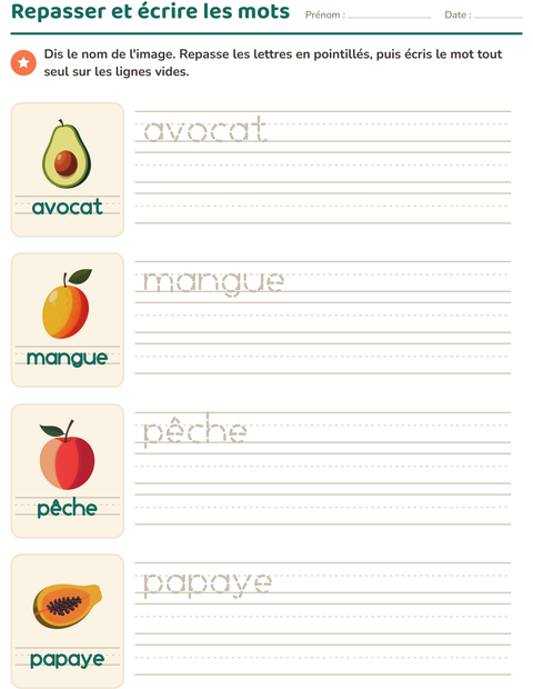 Aperçu de la fiche Écriture des mots avec Fruits pour École maternelle (grande section, 5-7 ans)