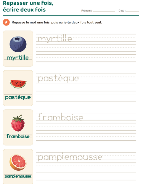 Aperçu de la fiche Écriture des mots avec Fruits pour École maternelle (grande section, 5-7 ans)