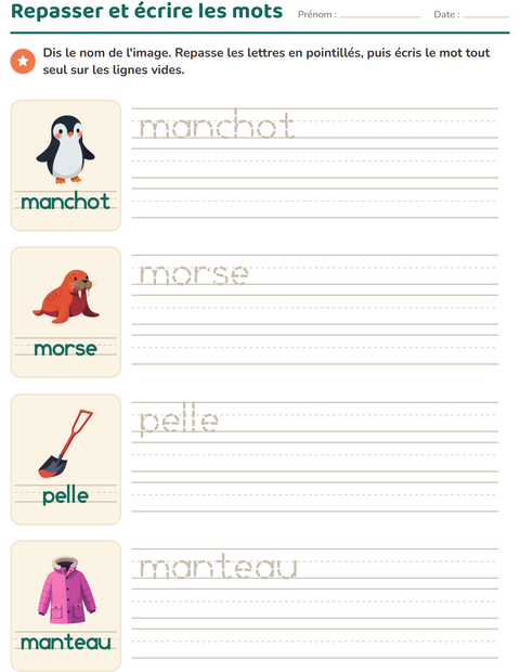 Aperçu de la fiche Écriture des mots avec Hiver pour École maternelle (grande section, 5-7 ans)