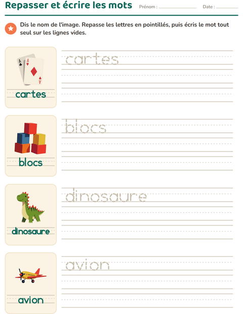 Aperçu de la fiche Écriture des mots avec Jouets pour École maternelle (grande section, 5-7 ans)