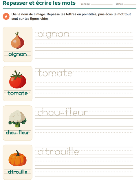 Aperçu de la fiche Écriture des mots avec Légumes pour École maternelle (grande section, 5-7 ans)