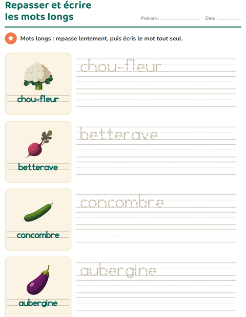 Aperçu de la fiche Écriture des mots avec Légumes pour École maternelle (grande section, 5-7 ans)