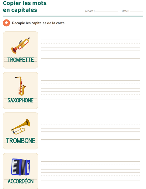 Aperçu de la fiche Écriture des mots avec Musique pour École maternelle (grande section, 5-7 ans)