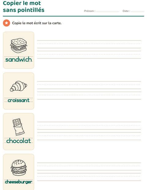 Aperçu de la fiche Écriture des mots avec Nourriture NB pour École maternelle (grande section, 5-7 ans)
