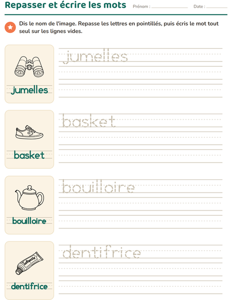 Aperçu de la fiche Écriture des mots avec Objets NB pour École maternelle (grande section, 5-7 ans)