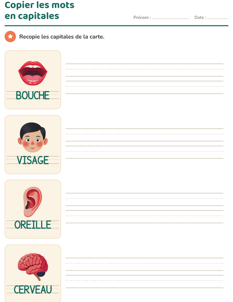 Aperçu de la fiche Écriture des mots avec Parties du corps pour École maternelle (grande section, 5-7 ans)