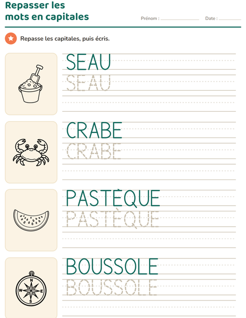 Aperçu de la fiche Écriture des mots avec Plage NB pour École maternelle (grande section, 5-7 ans)