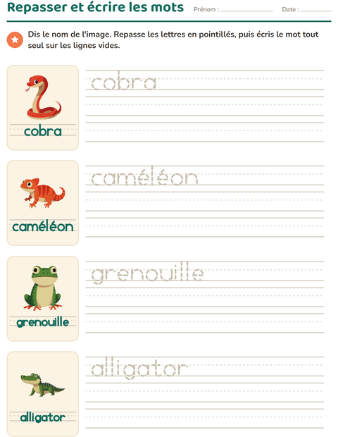 Aperçu de la fiche Écriture des mots avec Reptiles et amphibiens pour École maternelle (grande section, 5-7 ans)