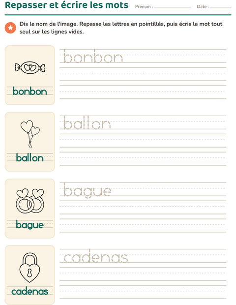 Aperçu de la fiche Écriture des mots avec Saint-Valentin NB pour École maternelle (grande section, 5-7 ans)