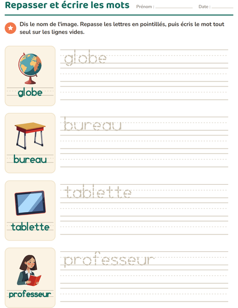 Aperçu de la fiche Écriture des mots avec Salle de classe pour École maternelle (grande section, 5-7 ans)