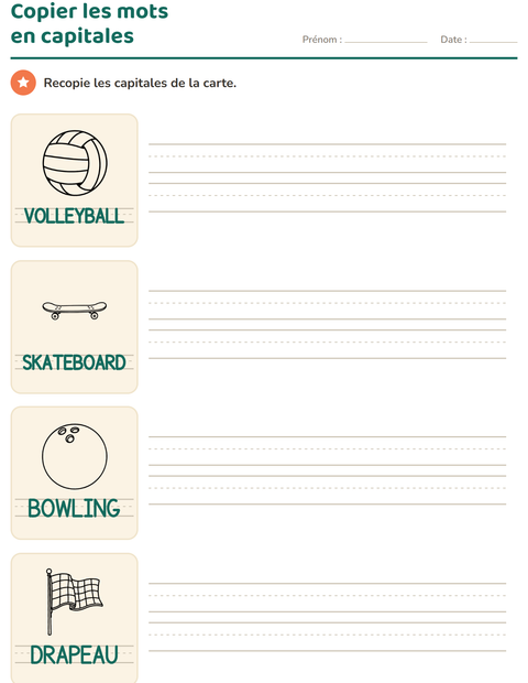 Aperçu de la fiche Écriture des mots avec Sports NB pour École maternelle (grande section, 5-7 ans)