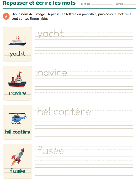 Aperçu de la fiche Écriture des mots avec Véhicules pour École maternelle (grande section, 5-7 ans)