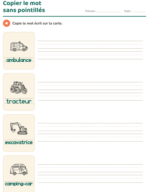 Aperçu de la fiche Écriture des mots avec Véhicules NB pour École maternelle (grande section, 5-7 ans)