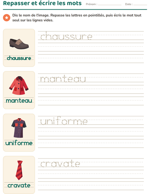 Aperçu de la fiche Écriture des mots avec Vêtements pour École maternelle (grande section, 5-7 ans)