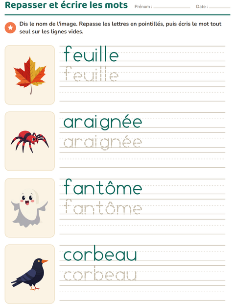 Aperçu de la fiche Écriture des mots avec Divers pour École maternelle (grande section, 5-7 ans)
