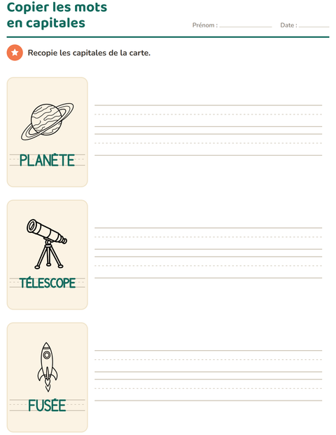 Aperçu de la fiche Écriture des mots avec Espace NB pour École maternelle (grande section, 5-7 ans)
