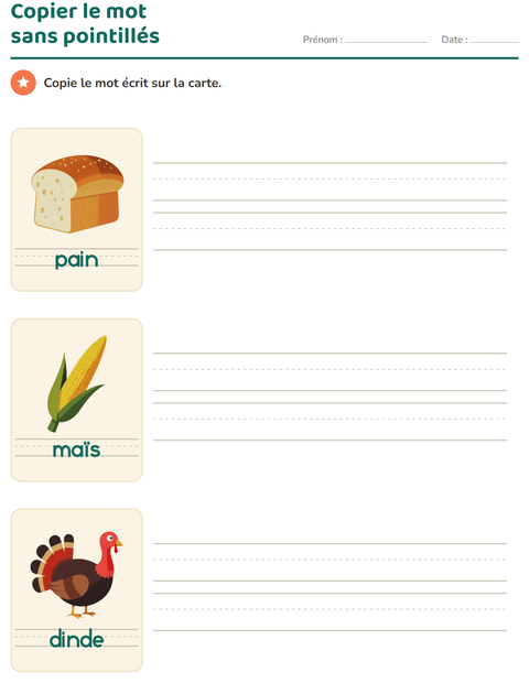 Aperçu de la fiche Écriture des mots avec Action de grâce pour École maternelle (grande section, 5-7 ans)