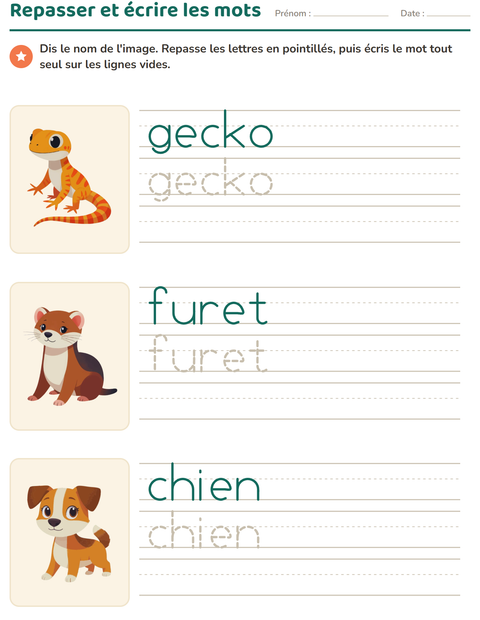Aperçu de la fiche Écriture des mots avec Animaux de compagnie pour École maternelle (grande section, 5-7 ans)