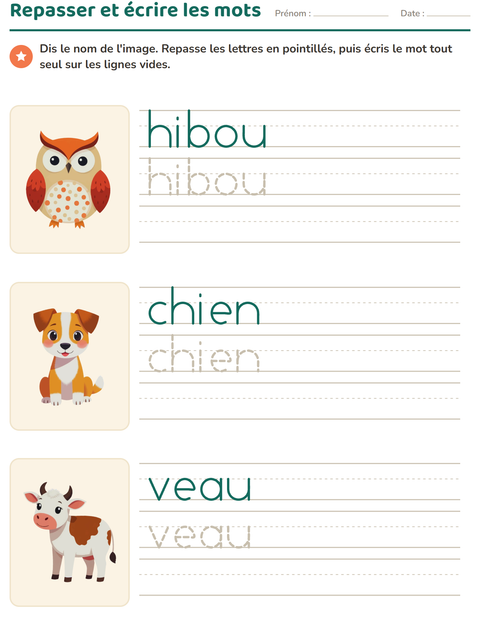 Aperçu de la fiche Écriture des mots avec Animaux de la ferme pour École maternelle (grande section, 5-7 ans)