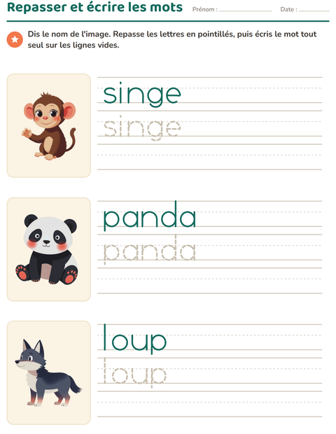 Aperçu de la fiche Écriture des mots avec Animaux du zoo pour École maternelle (grande section, 5-7 ans)