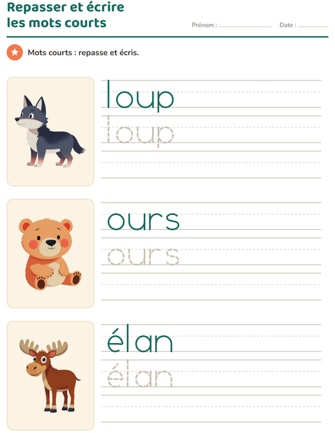 Aperçu de la fiche Écriture des mots avec Animaux du zoo pour École maternelle (grande section, 5-7 ans)