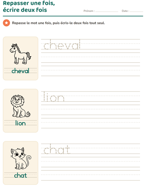 Aperçu de la fiche Écriture des mots avec Animaux NB 3 pour École maternelle (grande section, 5-7 ans)