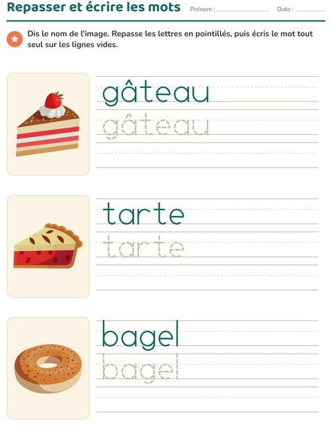 Aperçu de la fiche Écriture des mots avec Boulangerie pour École maternelle (grande section, 5-7 ans)