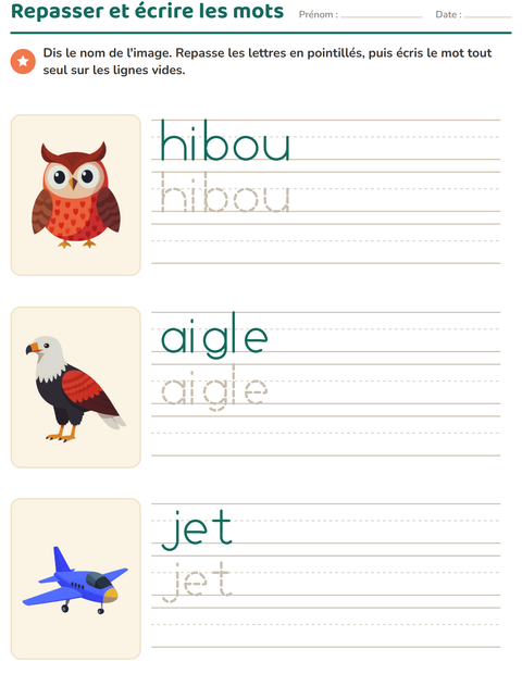 Aperçu de la fiche Écriture des mots avec Choses qui volent pour École maternelle (grande section, 5-7 ans)