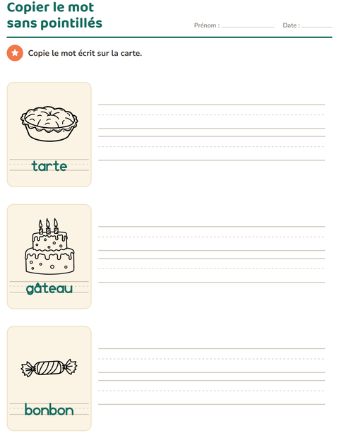 Aperçu de la fiche Écriture des mots avec Dessert (N&B) pour École maternelle (grande section, 5-7 ans)