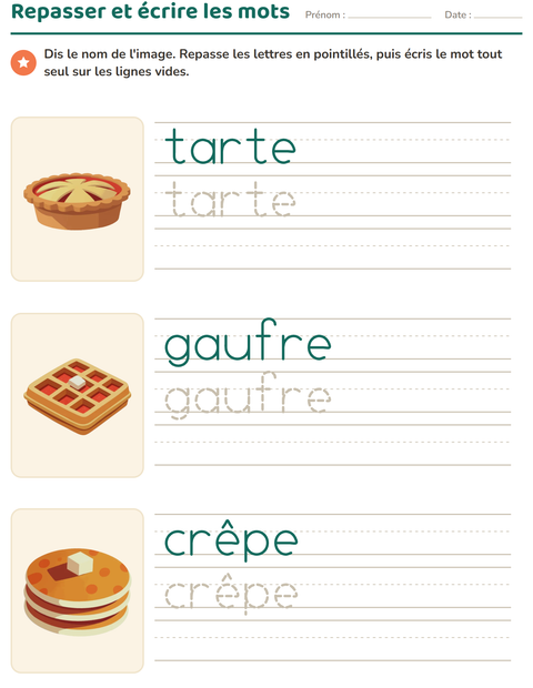 Aperçu de la fiche Écriture des mots avec Desserts et sucreries pour École maternelle (grande section, 5-7 ans)