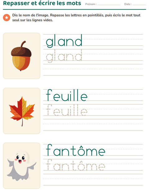 Aperçu de la fiche Écriture des mots avec Divers pour École maternelle (grande section, 5-7 ans)