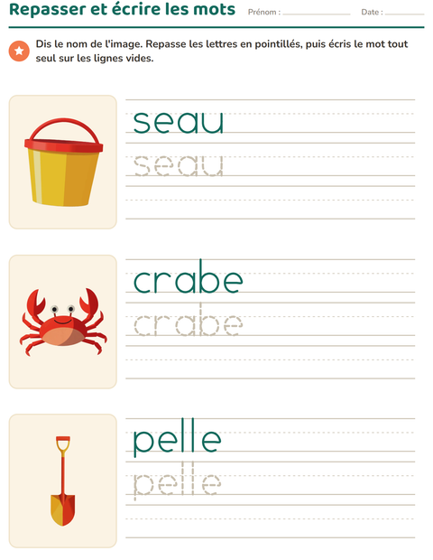 Aperçu de la fiche Écriture des mots avec Été pour École maternelle (grande section, 5-7 ans)