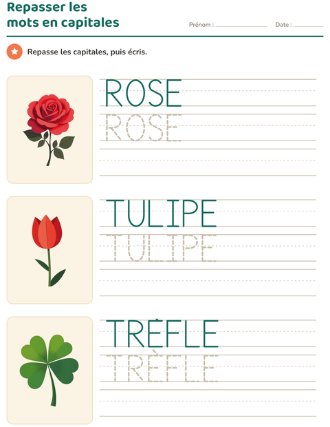 Aperçu de la fiche Écriture des mots avec Fleurs pour École maternelle (grande section, 5-7 ans)