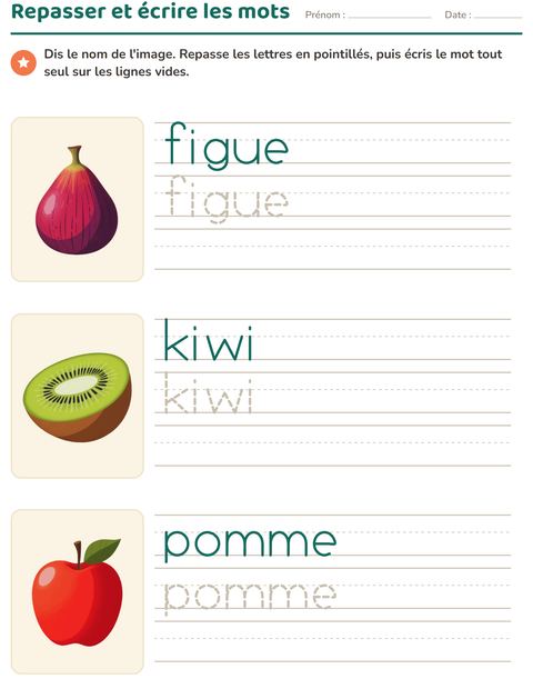 Aperçu de la fiche Écriture des mots avec Fruits pour École maternelle (grande section, 5-7 ans)