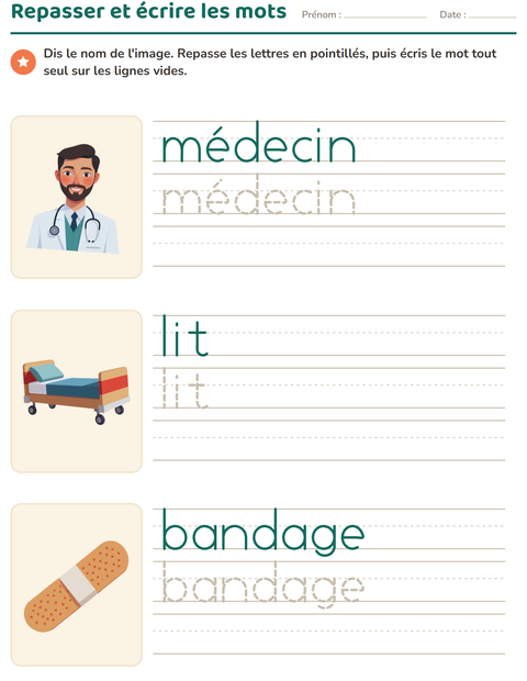 Aperçu de la fiche Écriture des mots avec Hôpital pour École maternelle (grande section, 5-7 ans)