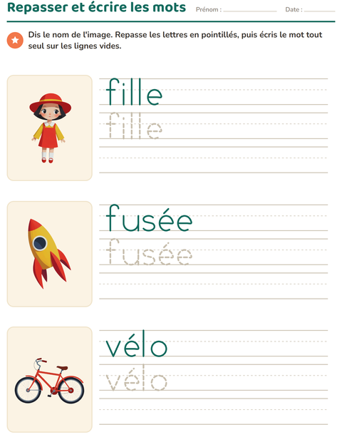 Aperçu de la fiche Écriture des mots avec Jouets pour École maternelle (grande section, 5-7 ans)