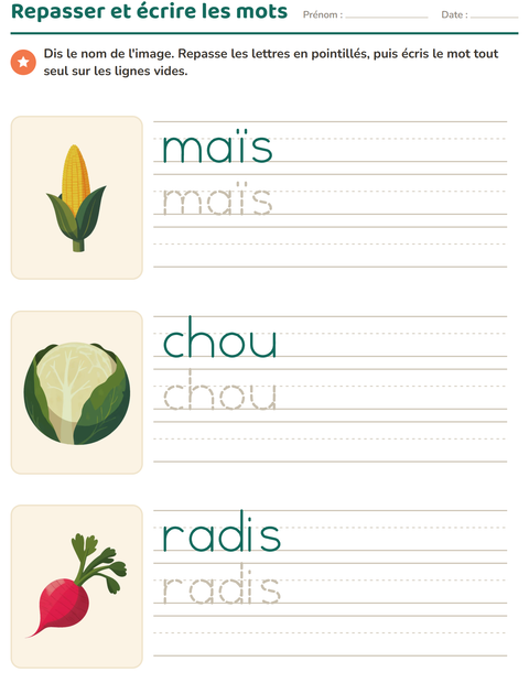 Aperçu de la fiche Écriture des mots avec Légumes pour École maternelle (grande section, 5-7 ans)