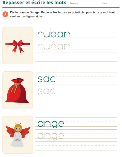 Aperçu de la fiche Écriture des mots avec Noël pour École maternelle (grande section, 5-7 ans)