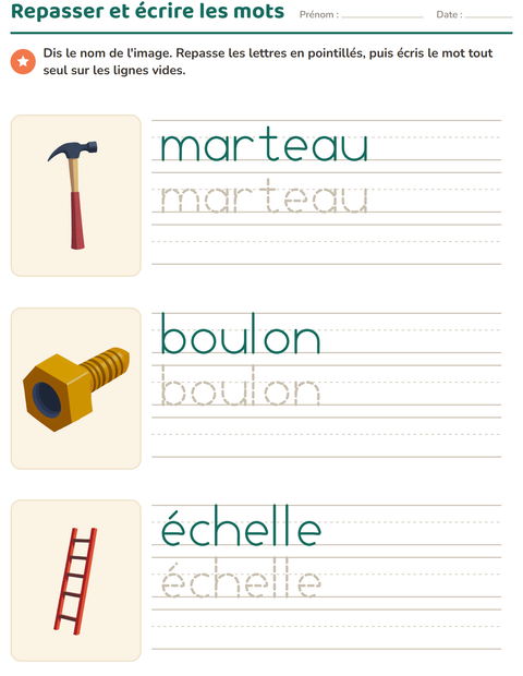 Aperçu de la fiche Écriture des mots avec Outils pour École maternelle (grande section, 5-7 ans)